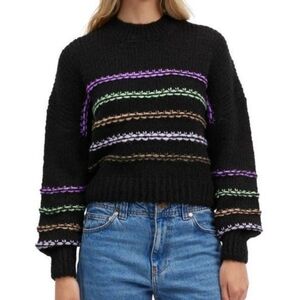 NVLT Women's Balloon Sleeve‎ Crop Black Striped Sweater Size XL
